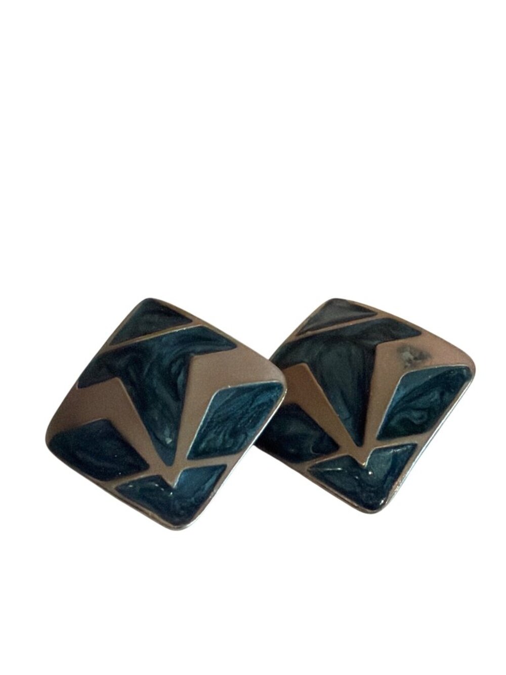 Vintage Enamel Abstract Blue & Silver Post Back Earrings Artsy Chunky